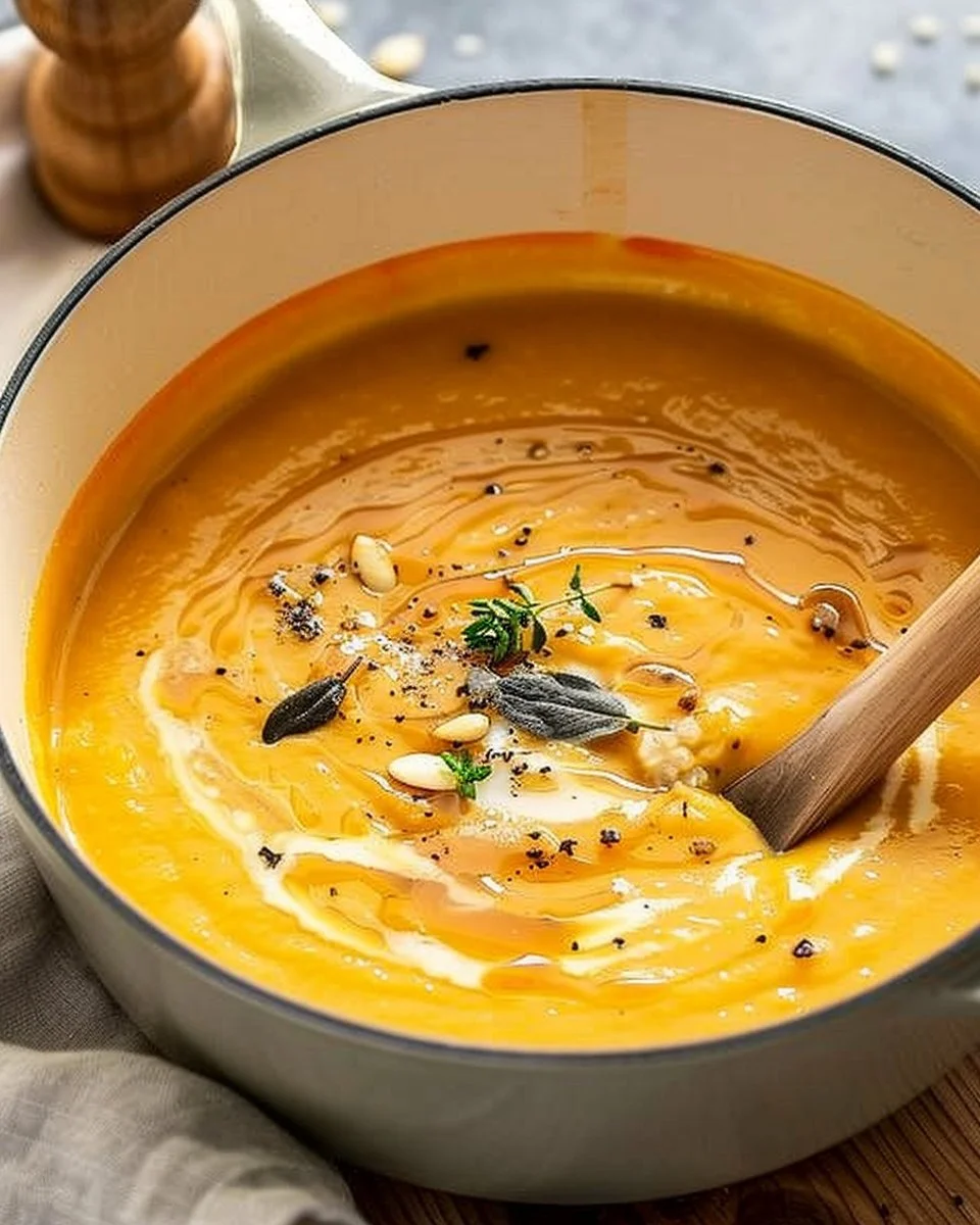 Bowl of creamy roasted butternut squash soup garnished with herbs