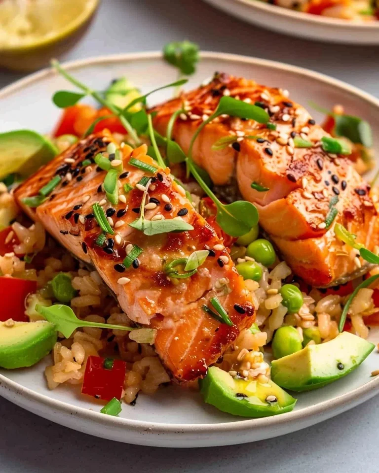 Plate of salmon with crispy rice garnished with green onions