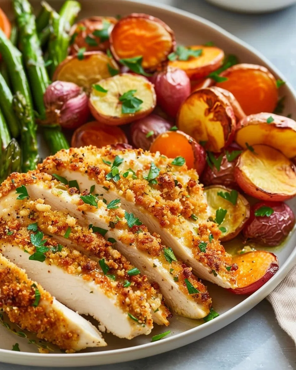 Sheet-Pan Parmesan Crusted Chicken Dinner with vegetables on a baking tray