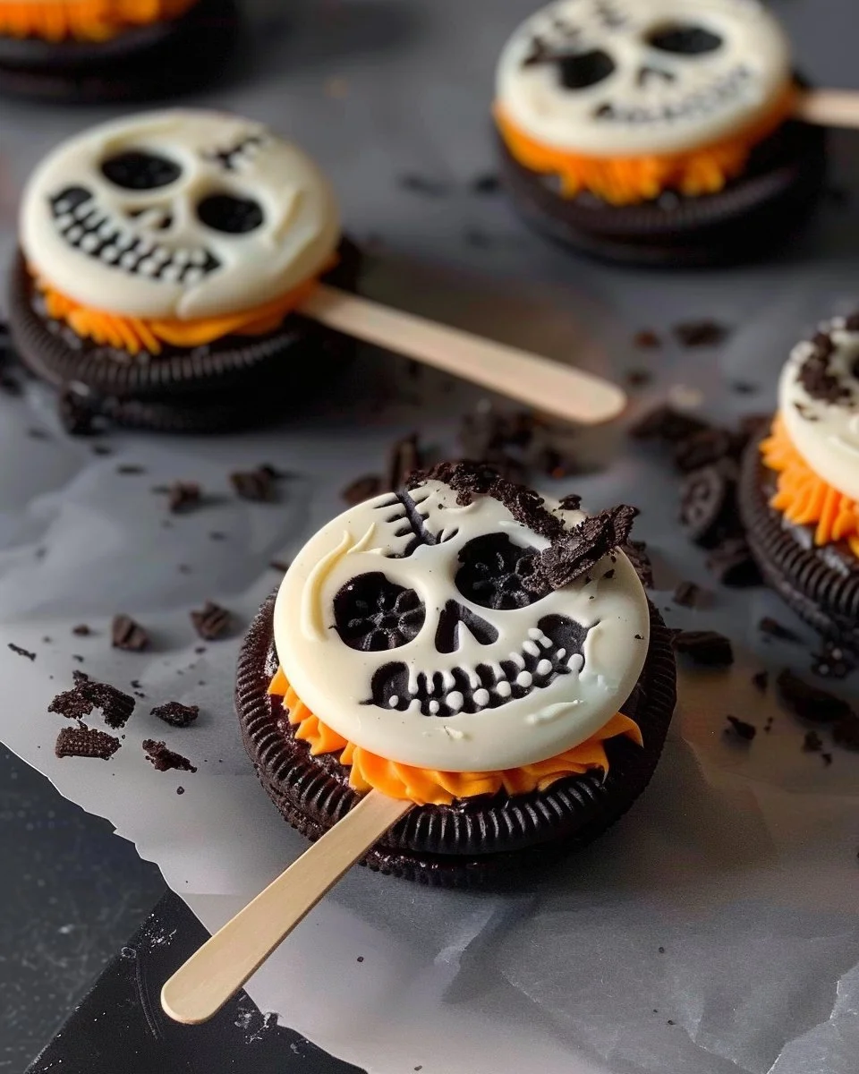 A plate of Spooky Skeleton Oreos decorated for Halloween