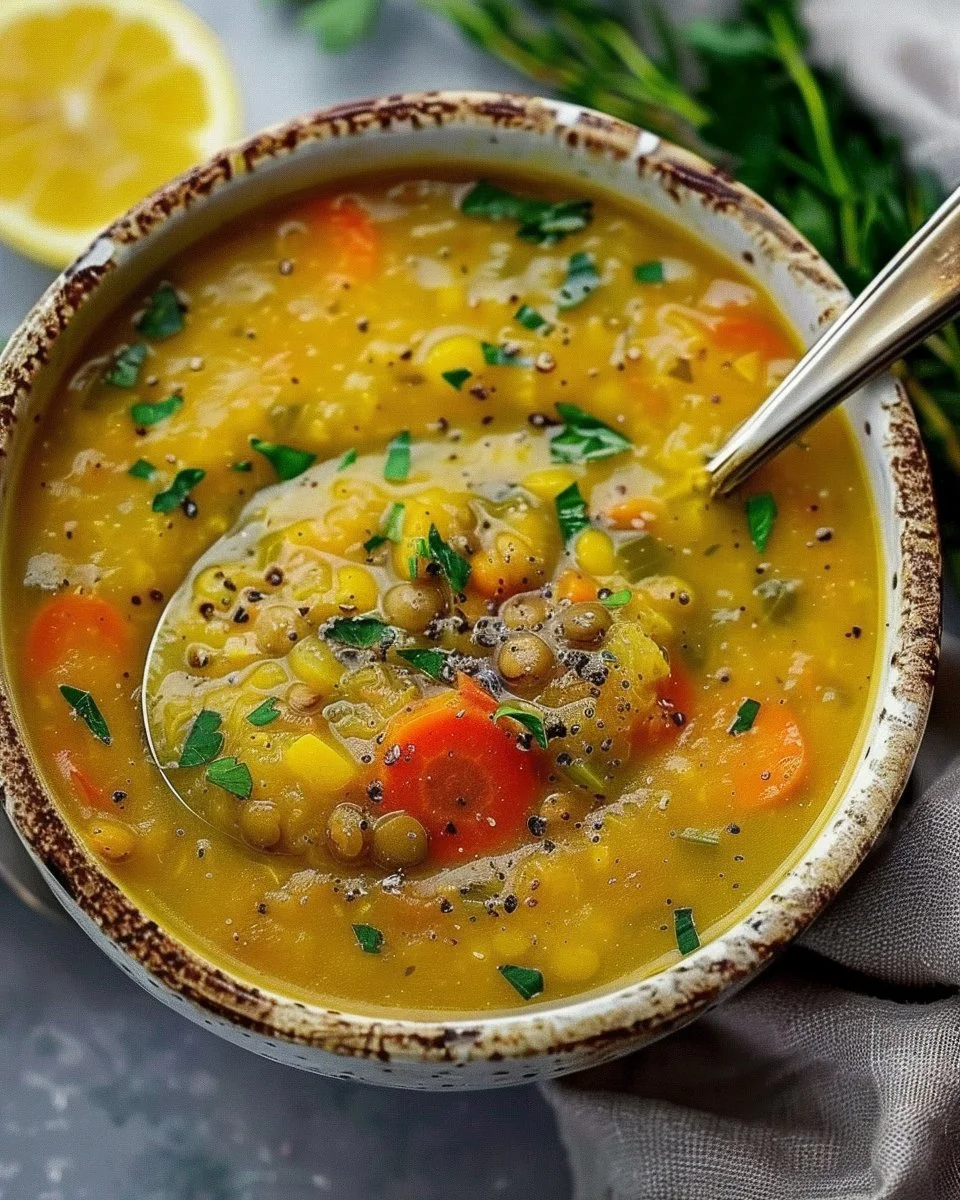 Bowl of Vegan Lemon Lentil Soup garnished with fresh herbs and lemon slices