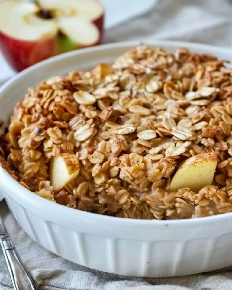 Delicious apple cinnamon baked oatmeal served in a bowl with fresh apples.