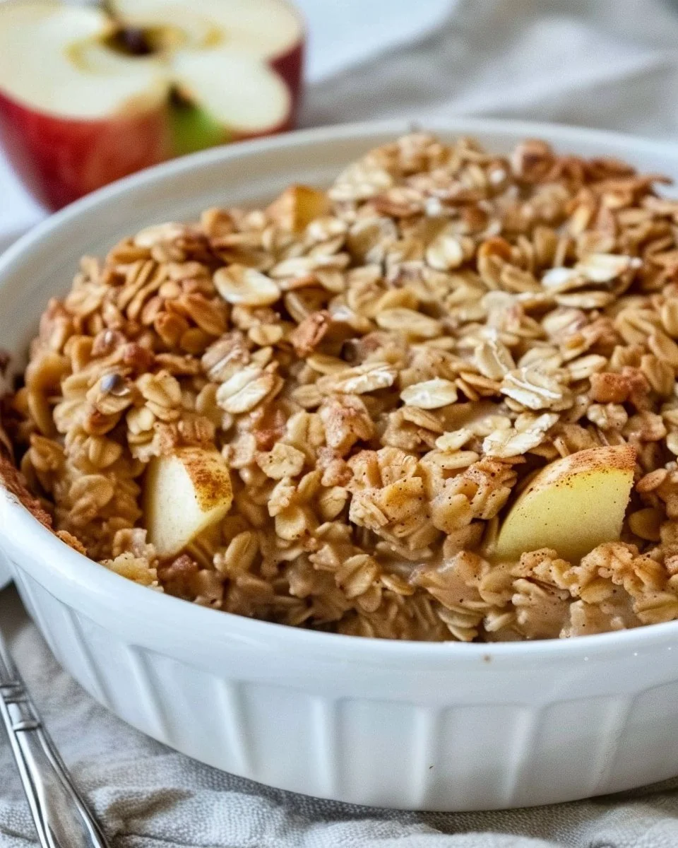 Delicious apple cinnamon baked oatmeal served in a bowl with fresh apples.