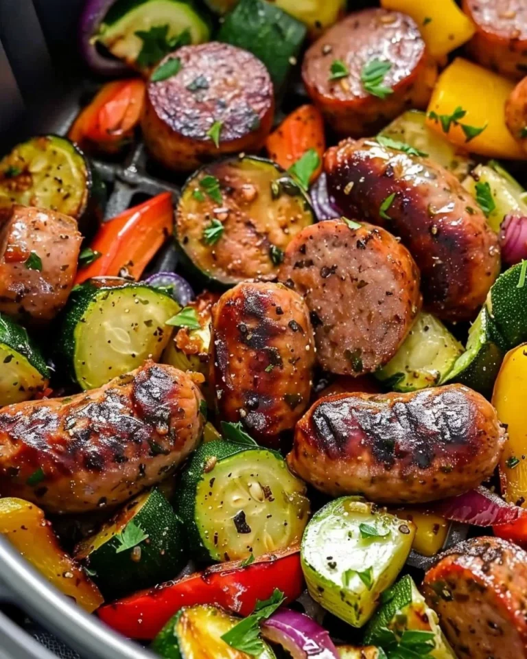Air fryer chicken sausage cooked with colorful veggies