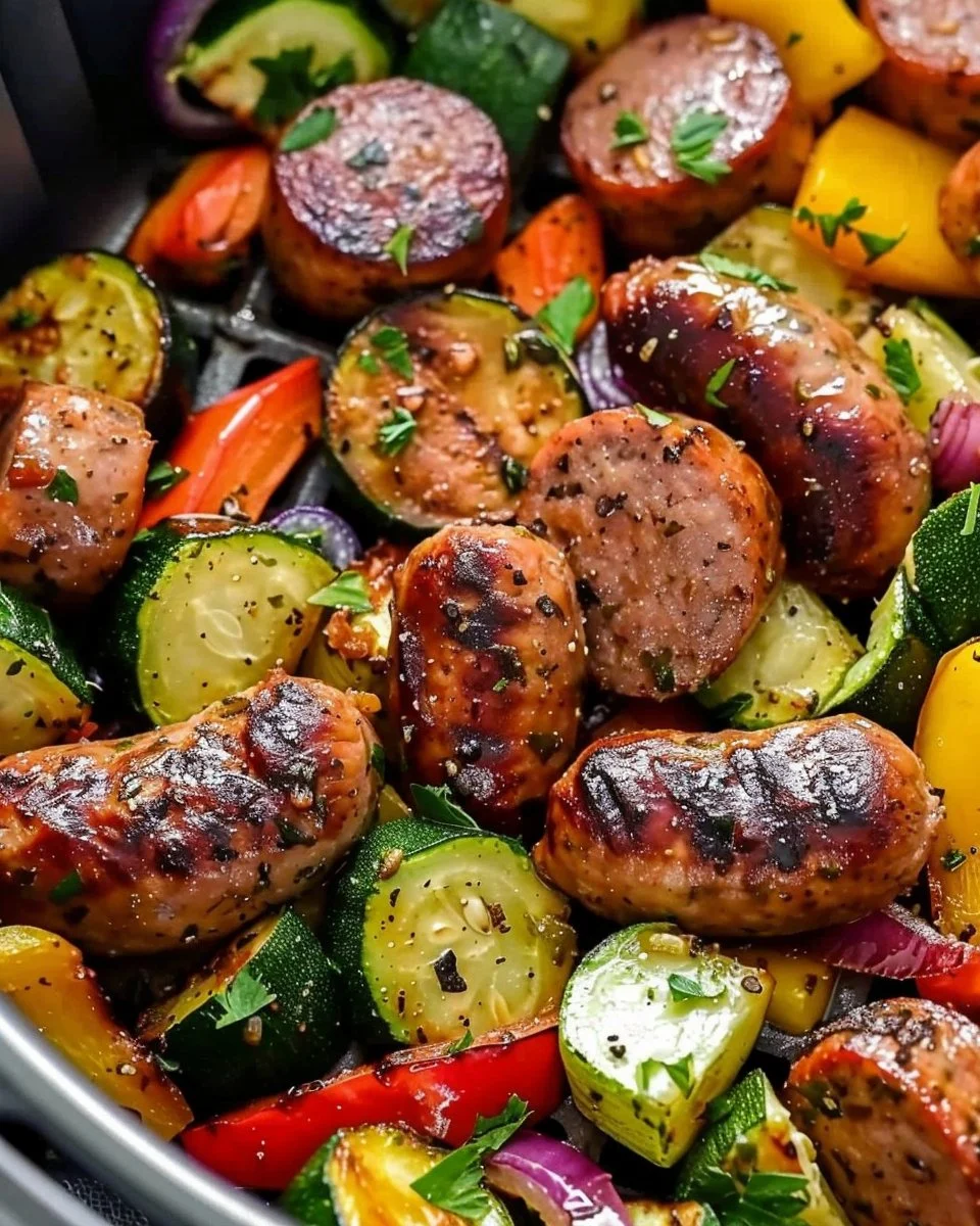 Air fryer chicken sausage cooked with colorful veggies
