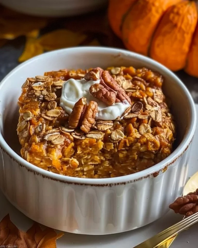 Delicious pumpkin baked oatmeal topped with nuts and spices in a warm bowl