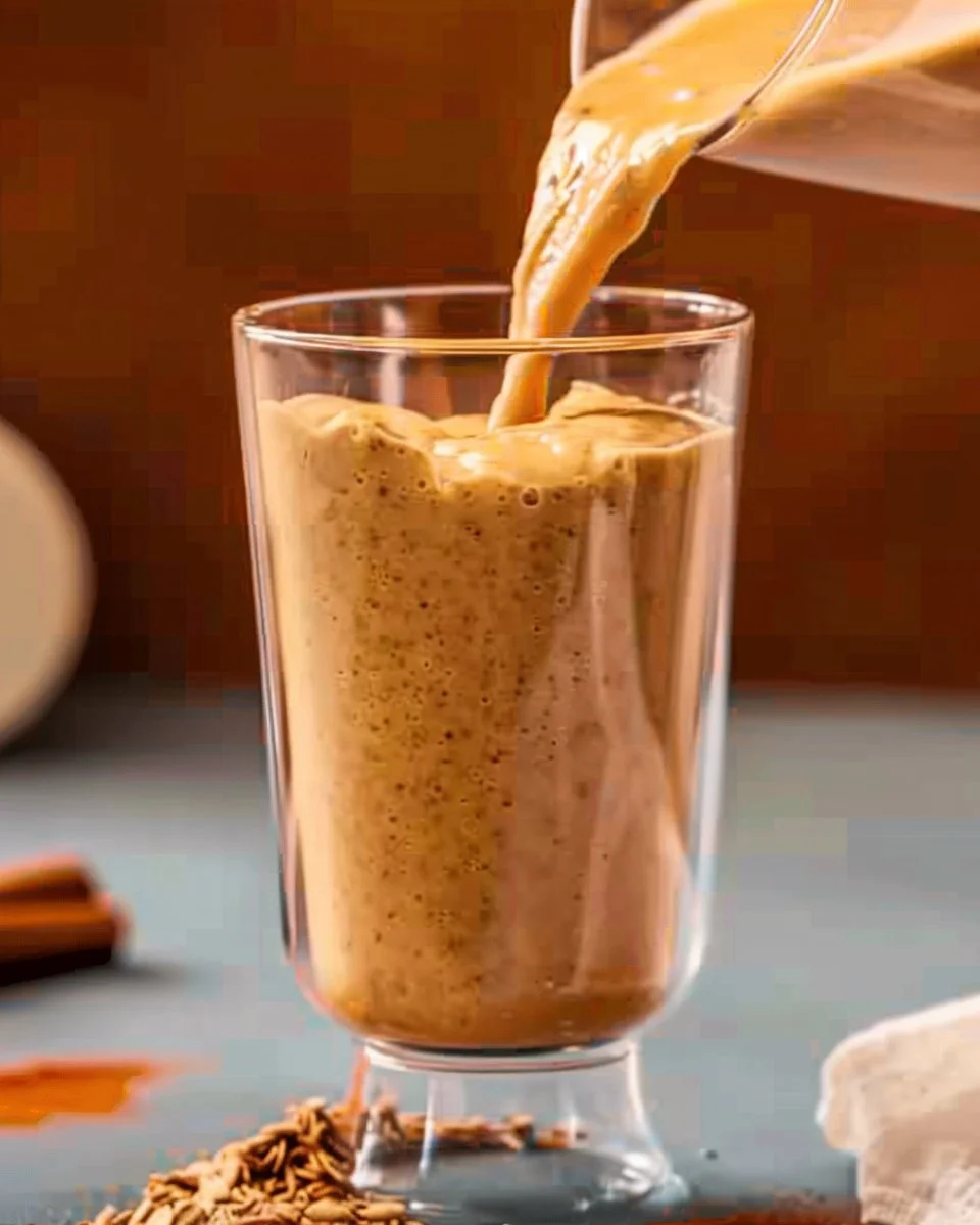 Delicious pumpkin pie smoothie in a glass with autumn decorations
