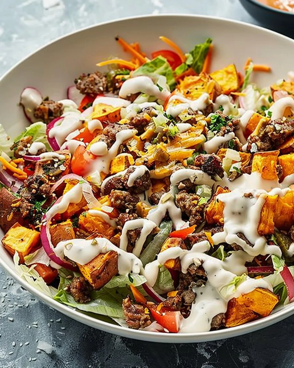 Delicious Sweet Potato Burger Bowl with fresh vegetables and toppings