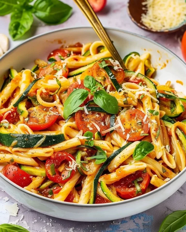 Plate of colorful Tomato Zucchini Pasta garnished with fresh herbs